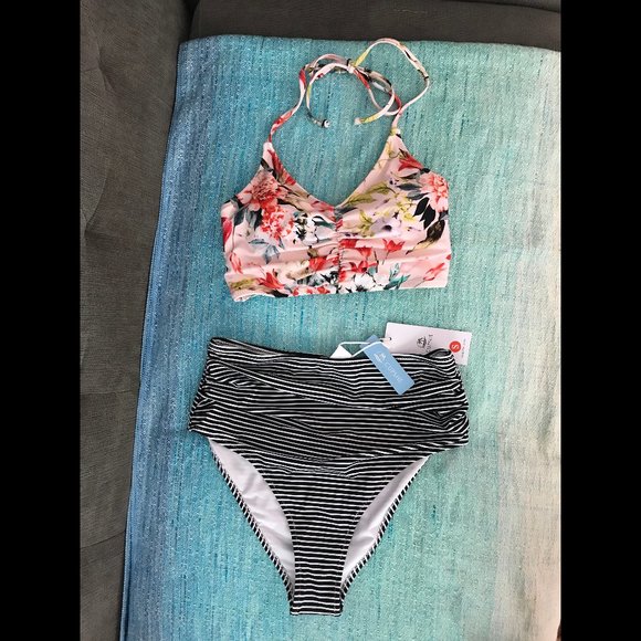 Cupshe floral bikini striped bottoms swim - Picture 1 of 3